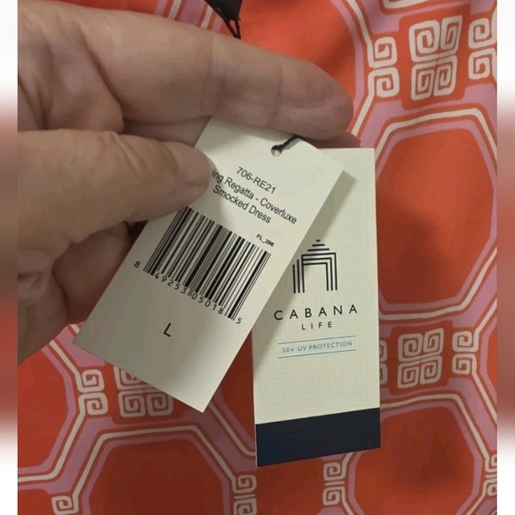 NWT Cabana Life Dress Sz L  Coral Geo Coverlex Smocked Off The Shoulder UPF 50+ - Picture 6 of 15